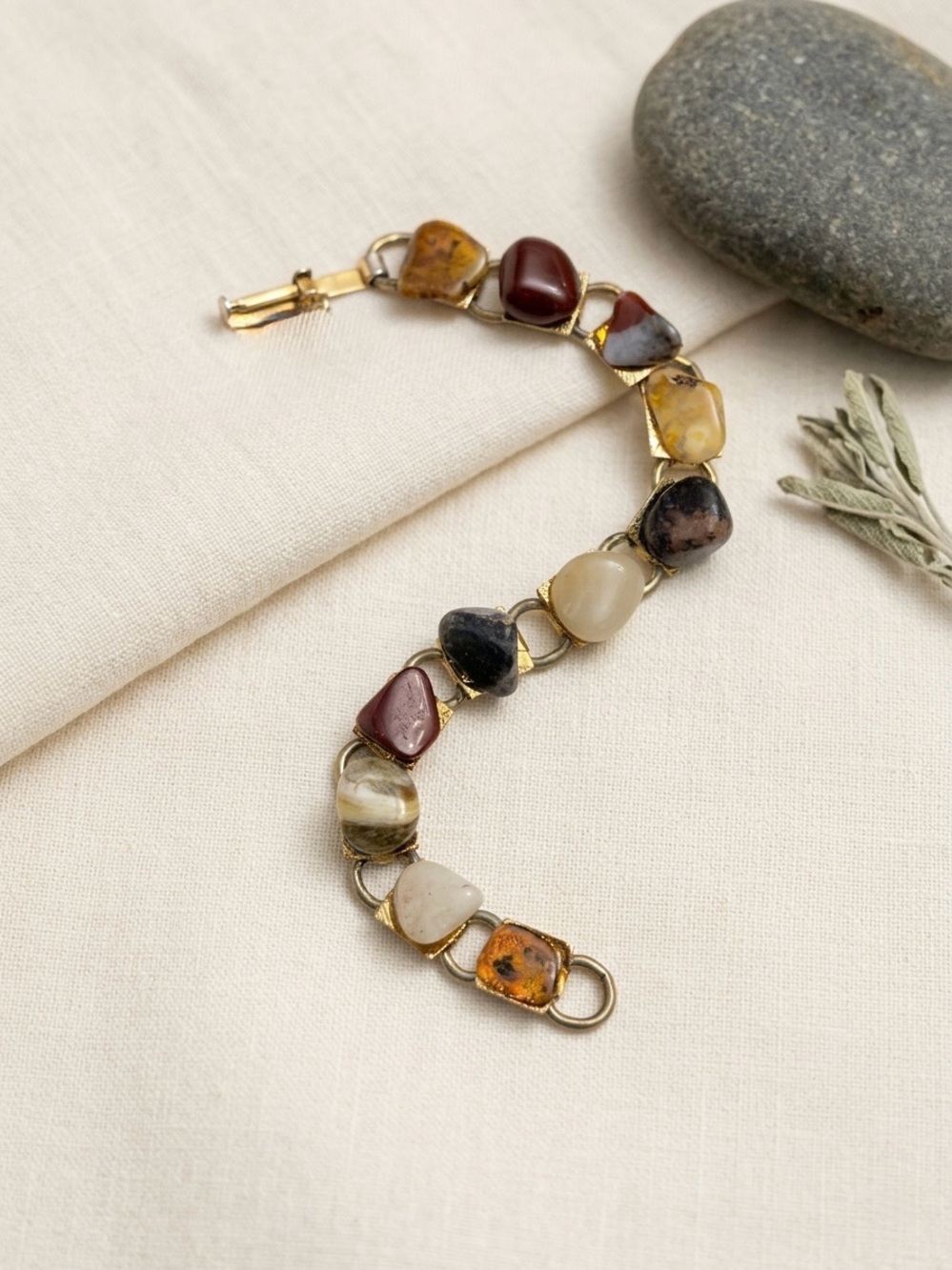 Vintage 70s Tumbled Stone Link Bracelet Multicolor Earthy Chunky